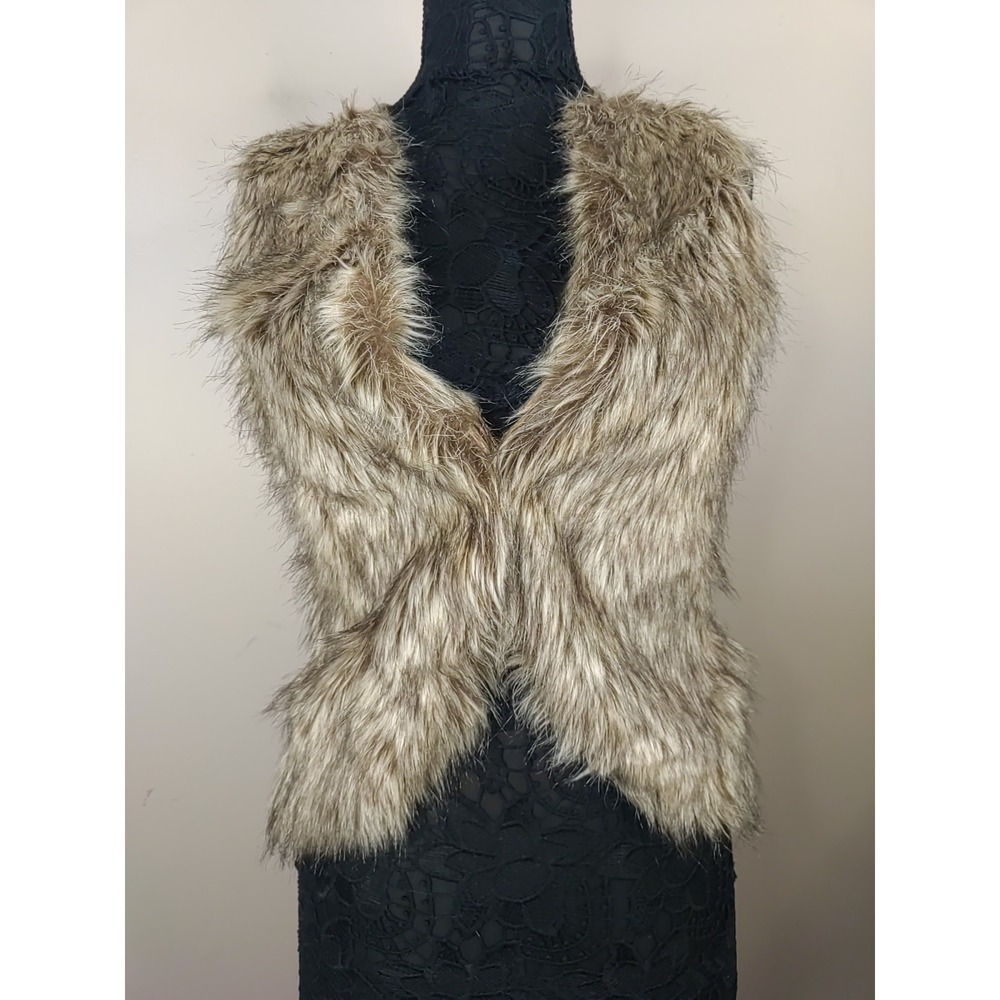 Liv Women Brown Beige Front Faux Fur Back Knit Chic‎ unique Vest Sweater Size S